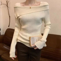 Hnewly trashy outfits Solid Sexy Slim Off Shoulder Slash Neck Long Sleeve Knitting Sweater  Women Jumpers Office Fashion New