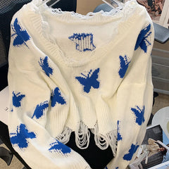 Hnewly New Women Casual Loose Jumper Korean Fashion Graphic Butterfly Knitted Sweater Woman Sweet Oversized Cropped Off Shoulder Tops