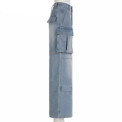 Hnewly Fashion High Waist Multiple Pockets Splicing Straight Jeans Women Work Style Casual Denim Pants Female Loose Three-part Trousers