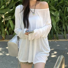 Hnewly Sexy Sheer Baggy T-shirt for Women 2024 Summer Casual Fashion Loose Pullovers Chic Lazy Solid Color Off Shoulder Top Streetwear