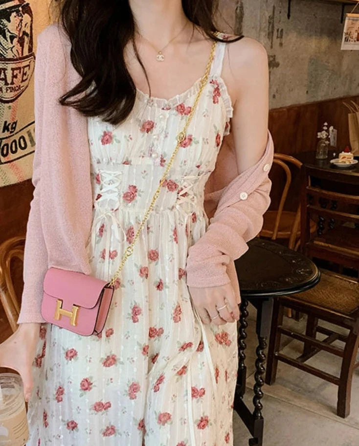 Hnewly Floral Elegant Slip Dress Women Belt Designer Korean Fashion Party Dress Female Casual Vintage Chic Summer One-piece Dress