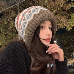 Hnewly warm winter outfits Women Ethnic Style Striped Spliced Knitted Woolen Hat for Autumn and Winter Thickened Warm and Cold Resistant Ear Protection