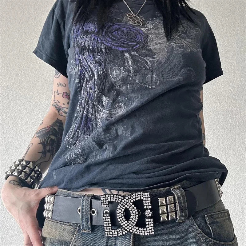 y2k Gothic Tops Summer Women Grunge Floral Wings Print O Neck Short Sleeve T Shirts 2000s Aesthetic Clothes Streetwear