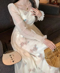 Hnewly Mesh Vintage Long Sleeve Midi Dress Women Casual Korean V-neck Long Fairy Dresses Elegant Women's Dresses for Party 2024 Spring