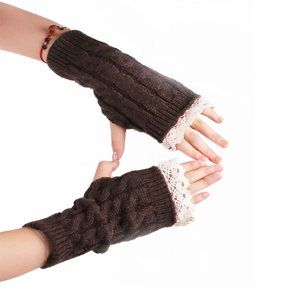 Hnewly New Lace Fingerless Gloves Women's Gloves Winter Warm Cute Student Writing Typing Half Finger Acrylic Knitted Glove Mittens y2k