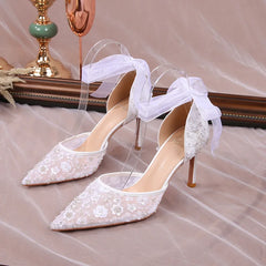 Hnewly Size 33-42 Summer Beaded Women White Wedding Shoes Ankle Strap Pointed High Heel Pumps