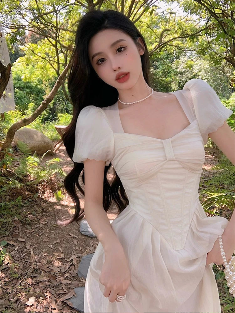 Hnewly DRESS TO IMPRESS Elegant Korean Fairy Dress Women White Sweet Puff Sleeve Casual Dress Female Court Vintage Party Midi Dress 2024 Summer Fashion