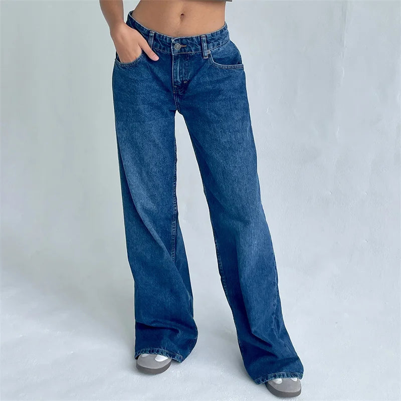 Hnewly y2k Jeans Women Clothes Fashion Solid Color Low Waist Waist Wide Leg Denim Pants Trousers with Pockets 2000s Streetwear