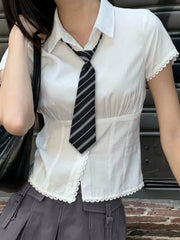 Hnewly Style Casual Solid Lace Trim Blouse Slim Turn Down Collar Short Sleeve Shirts Women 2024 Summer Fashion Ladies