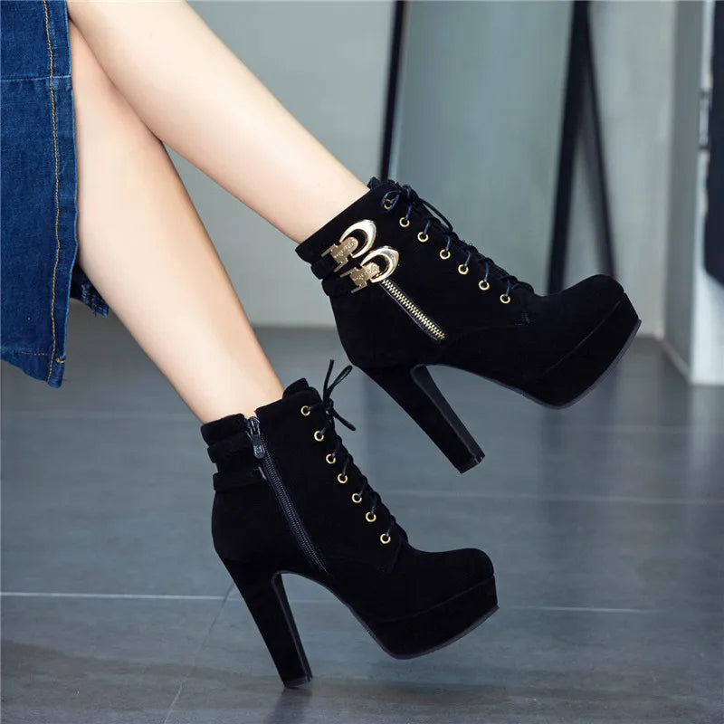 Hnewly New Autumn Ankle Boots for Women Platform High Heels Shoes Woman Buckle Short Booties Casual Faux Suede Footwear