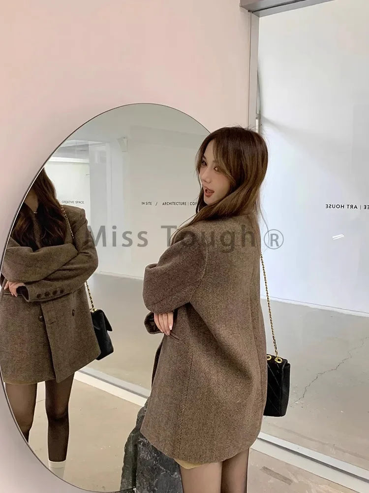 Hnewly Elegant Reversible Cashmere Coat Women's Autumn Winter Short New Loose Jackets Korean Chic Woolen Blazer Clothes Streetwear