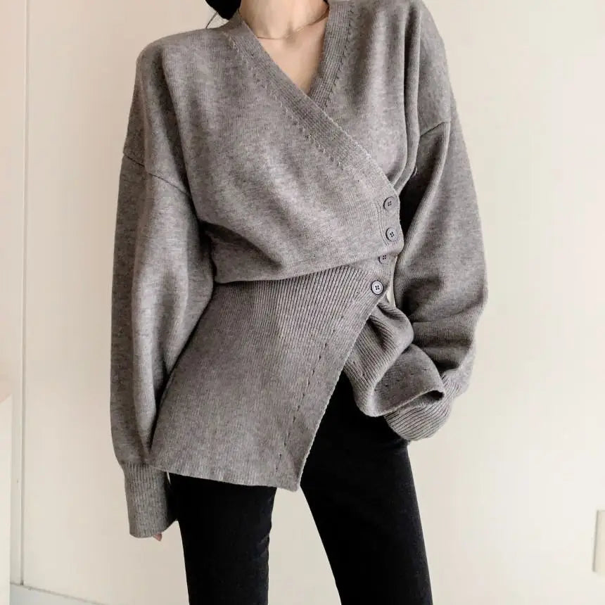 Hnewly Women Clothing Knitted Bottom White Sweater for Women Autumn/Winter High end Irregular Split Waist and Slimming V-neck Sweaters