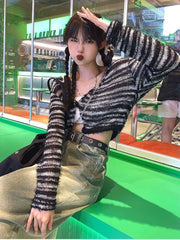 Hnewly FALL OUTFIT Cardigan Women Slim Popular All-match Leisure V-neck Autumn Lovely Knitting Daily Striped Ladies Elegant Korean Style Sexy New