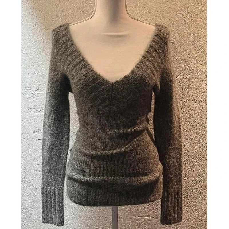 Hnewly Sexy Vintage V-neck Knitted Pullovers Women Early Y2k Grunge Sweaters Mujer Autumn Fashion Long Sleeve Pullovers Slim