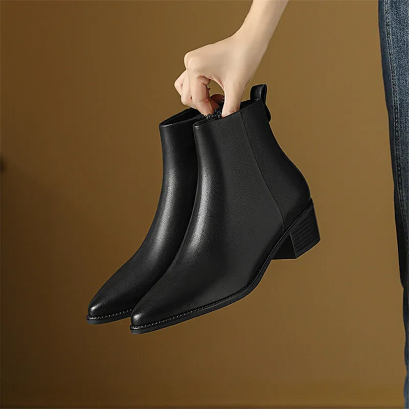 Hnewly New Autumn/Winter Genuine Leather Women Shoes Pointed Toe Chunky Heel Boots for Women Fashion Short Boots Zapatos De Mujer