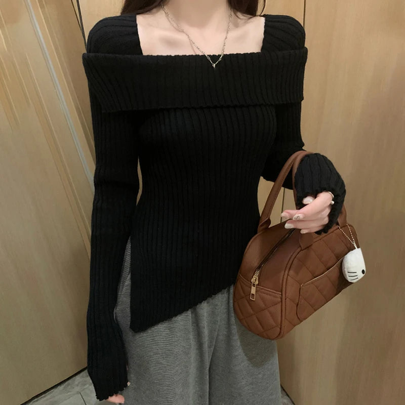 Hnewly Women Knitted Sweater Solid Color Square Collar Long Sleeve Asymmetrical Hem Crop Top y2k Aesthetic Clothing Streetwear