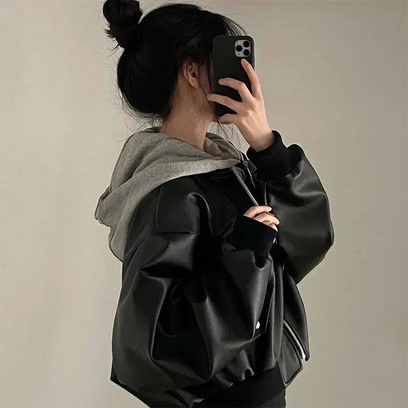 Hnewly outfit inspo winter Fashion Hooded Loose Leather Jackets Women Fashion Faux Leather Coats Spring Autumn Korean PU Jackets