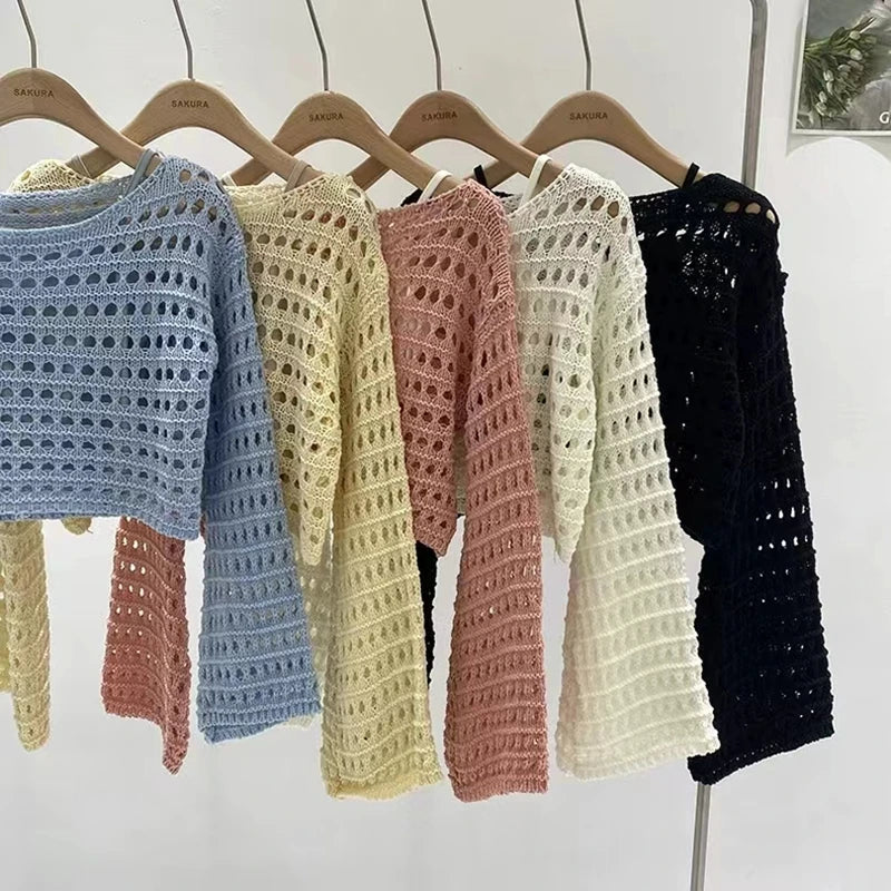 Hnewly Long Sleeve Crochet Knit Top Summer Beach Bikini Cover Up Crop Pullover Wool Knitwear Blouse Women Vacation Boho Outfit