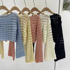 Hnewly Long Sleeve Crochet Knit Top Summer Beach Bikini Cover Up Crop Pullover Wool Knitwear Blouse Women Vacation Boho Outfit