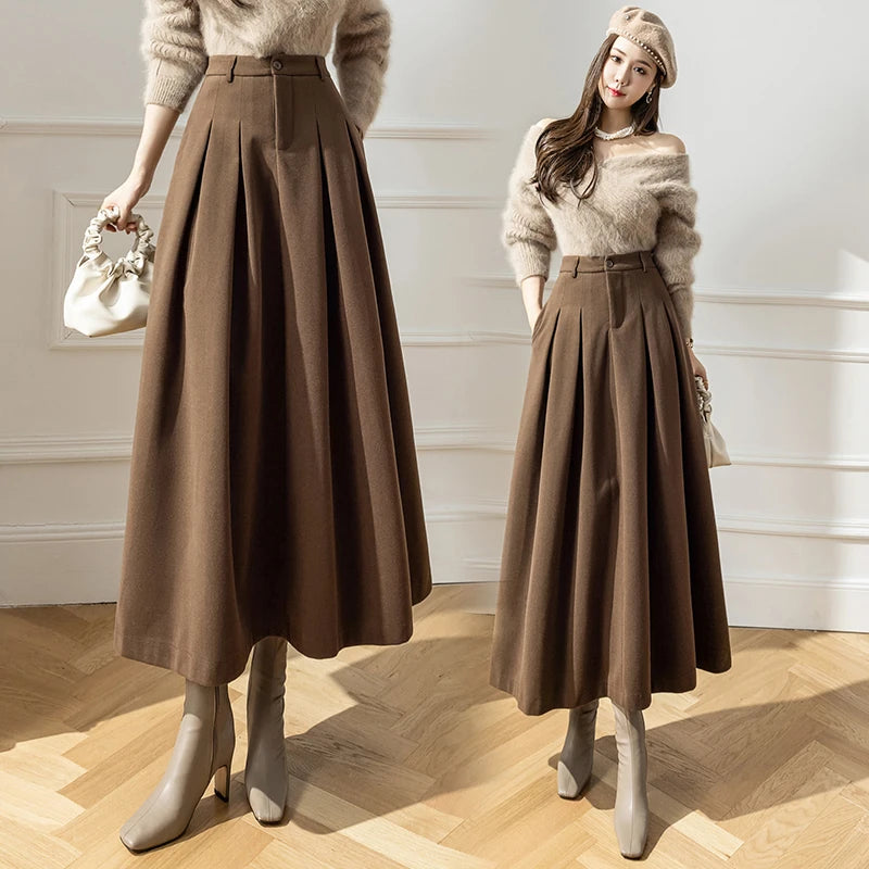 Hnewly Vintage Winter Woolen Long Skirts For Women Streetwear High Waist Pleated Maxi Skirt Big Swing Folds A-Line Jupe Longues Femme