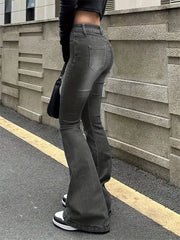 Hnewly Women Flare Stretch Moustache Jeans Fashion Skinny Bell Bottom High Waist Gray Denim Pants Lady Classic Y2K Punk Long Trousers