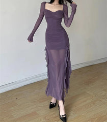 Hnewly Winter Party Queen Purple Mature Sexy Beautiful Confident Elegant Graceful Women'S Translucent Thin Straight Dress