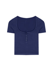 Hnewly Sweet Women Navy Blue T-shirt Top 2024 Fashion Summer Ladies  Low-cut Waist Shirt Female Knit Cropped Crop Top