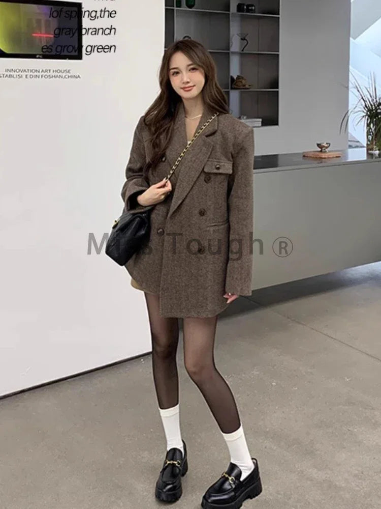 Hnewly Elegant Reversible Cashmere Coat Women's Autumn Winter Short New Loose Jackets Korean Chic Woolen Blazer Clothes Streetwear