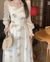 Mesh Vintage Long Sleeve Midi Dress Women Casual Korean V-neck Long Fairy Dresses Elegant Women's Dresses for Party 2024 Spring