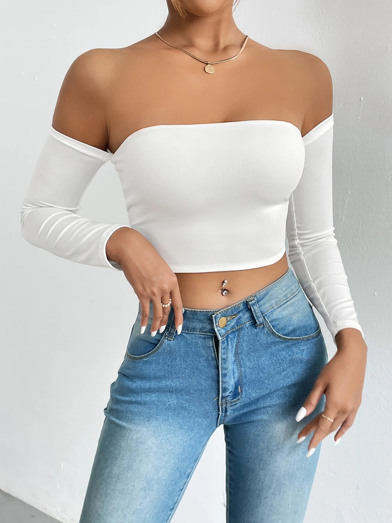 Hnewly Off Shoulder Crop T-Shirt, Casual Long Sleeve Top For Spring & Fall, Women's Clothing