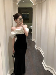 Hnewly DRESS TO IMPRESS Mermaid Dresses Women Sexy Slash Neck Off Shoulder Ruffles Patchwork Elegant Slim Evening Party Dress Female Backless Vintage