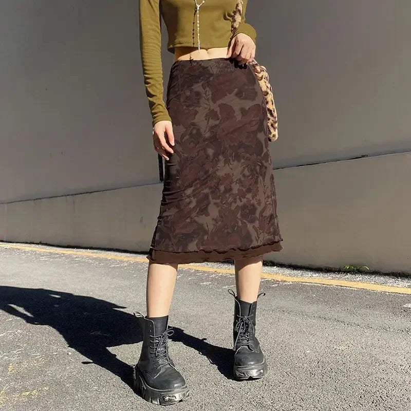 Hnewly Harajuku Vintage Long Skirts Women Floral Print Gothic Retro Skirts Grunge Aesthetic Streetwear Punk A Line Midi Skirt