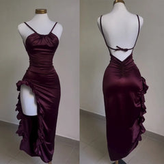 Hnewly Sexy Satin Bodycon Long Dress Women Vintage Backless Strapless Ruffles Fork Party Club Elegant Evening Dresses Female Vestidos