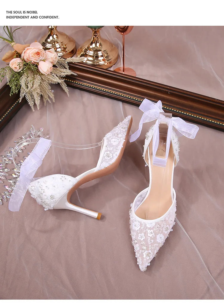 Hnewly Size 33-42 Summer Beaded Women White Wedding Shoes Ankle Strap Pointed High Heel Pumps