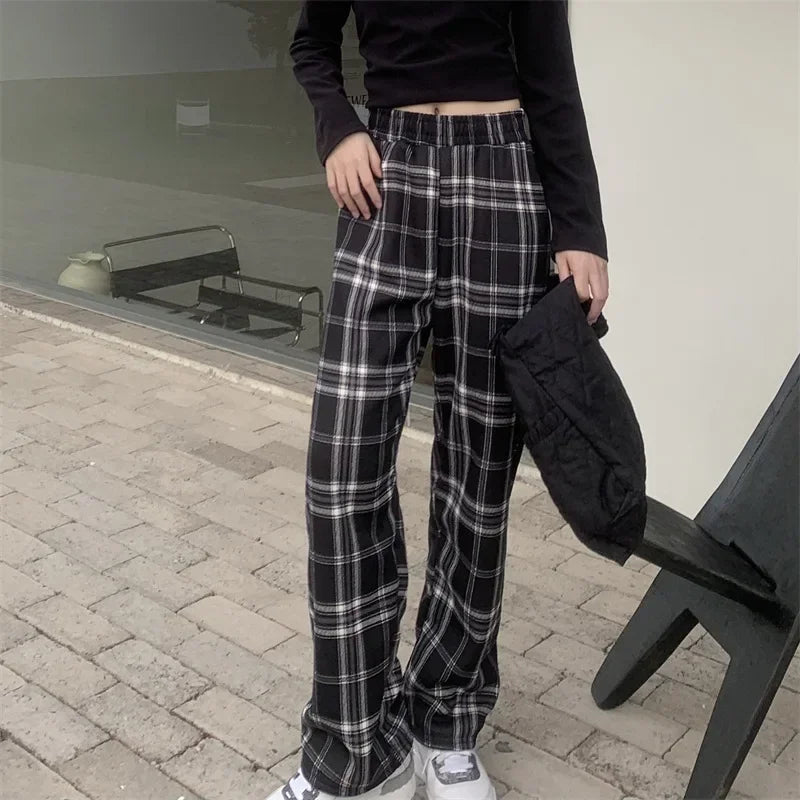 Hnewly Fashion Warm Plush Pants Cashmere Thick Plaid Ladies Winter Casual Loose Wide-legged Pants Korean Streetwear Students