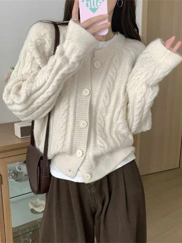 Hnewly Korean Fashion Cropped Cardigan Women Vintage Twisted Knitted Sweater Casual Basic Solid Long Sleeve Tops Autumn Winter