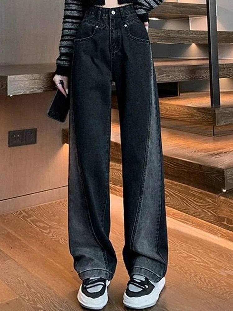 Hnewly Woman High Waist Jeans Lady American High Street Patchwork Straight Leg Pants Girls Black Gray Contrast Color Wide Leg Trousers