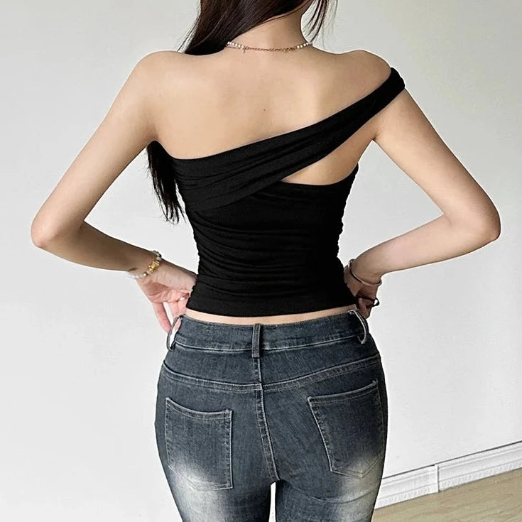 Hnewly Ruffles One Shoulder Tops Female Summer Sleeveless Simple Wild Basic Patchwork Casual Party Streetwear Skinny Vest