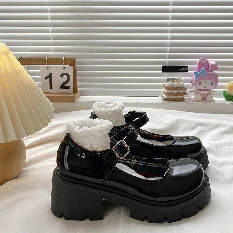 Hnewly Platform Heels Mary Jane Shoes Simple Lolita Black Platform Heeled Shoes Student College Sweet Medium Heel Women Single Shoes