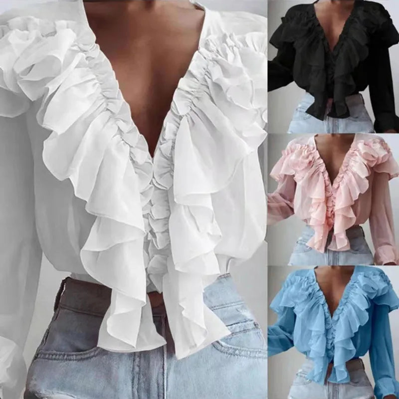 Hnewly Spring Autumn Elegant Ruffles Women Shirts Top Casual V Neck Long Sleeve Loose Female Solid Chiffon Blouses For Women Blusa