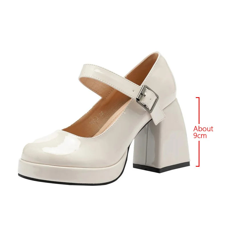 Hnewly Mary Jane Heels Women Hot Sale Pu Leather Ankle Buckle High Heels  Platform Shoes Woman Thick Heeled Goth White Pumps