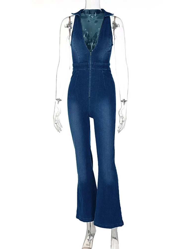 Hnewly Denim Jumpsuit V Neck Zipper Bell Sleeveless Sexy Outifts Elegant Backpacker  Party Summer