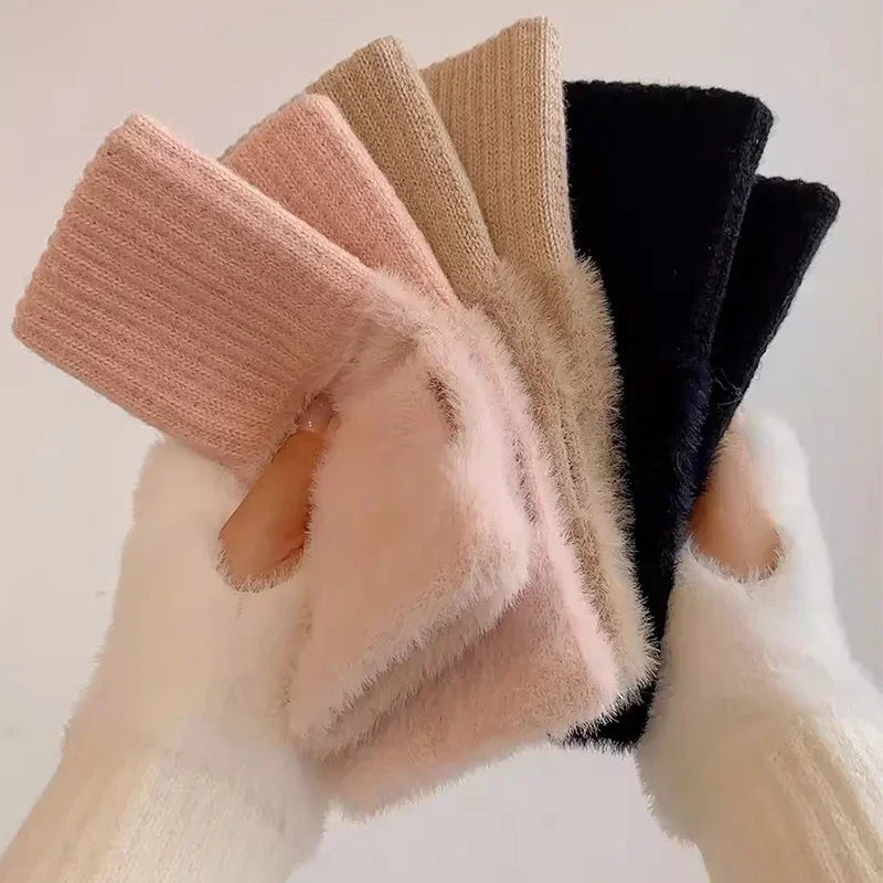 Hnewly Mink Fleece Soft Winter Half Finger Gloves Women Warm Luxury Solid White Plush Knitted Fingerless Gloves Wrist Mittens Writting