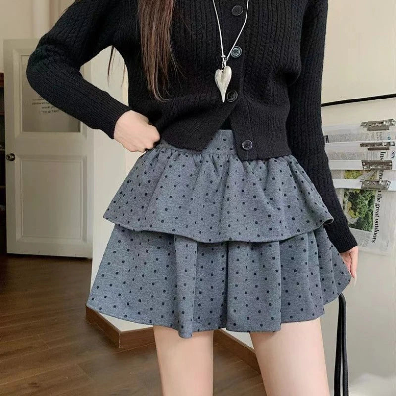 Hnewly Sweet Kawaii Mini Skirt Women Grey Korean Style Elegant Dot Short Skirts Coquette Fashion High Waist Cute Ruffle Skirt