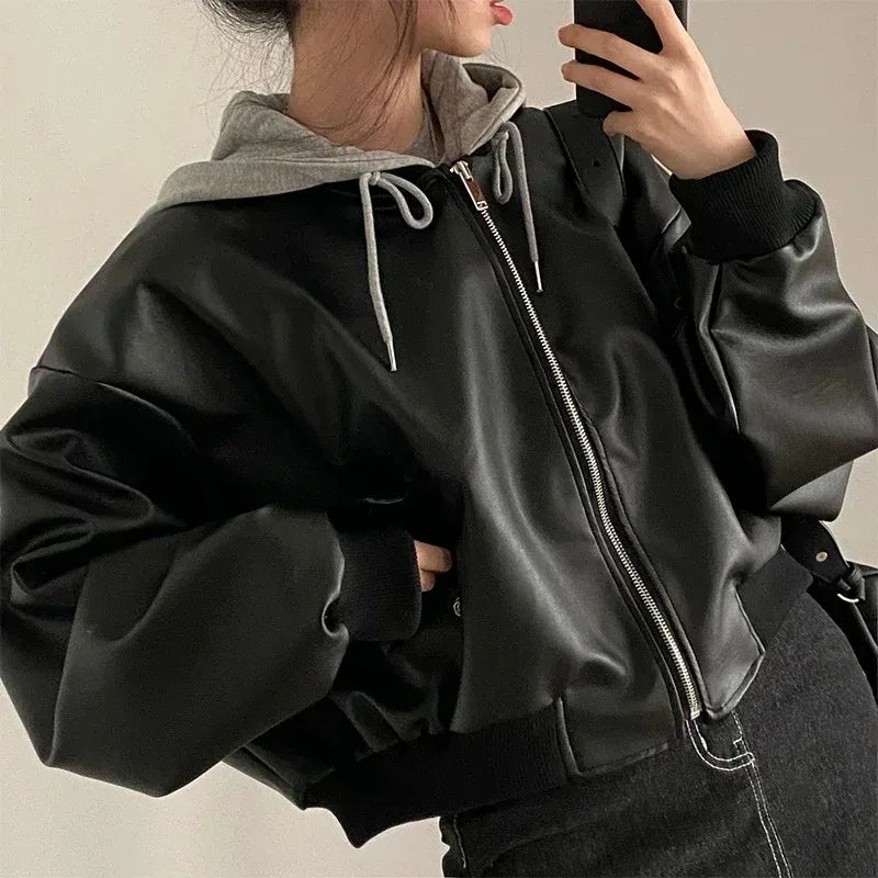 Hnewly outfit inspo winter Fashion Hooded Loose Leather Jackets Women Fashion Faux Leather Coats Spring Autumn Korean PU Jackets