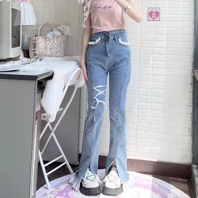 Hnewly Sweet Spice Girl Little Lace Strap Jeans Spring Summer New Ins Slim Elastic Split Horn Wide-leg Denim Pantalones High Waist Pant