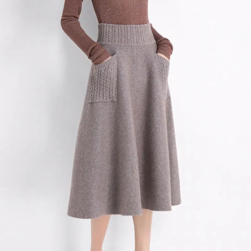 Hnewly Autumn Winter Women's Knitting New Double Pocket Fluffy Loose Wool Medium And Long Girls' Skirt Leisure Daily Camel Color