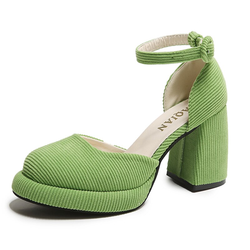 Hnewly Green Ankle Strap Platform Pumps Women Corduroy High Heels Mary Jane Shoes Woman Elegant Chunky Heeled Party Dress Shoes