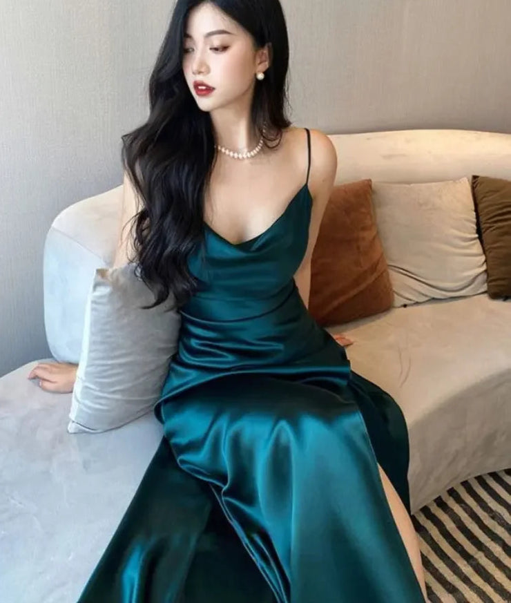 Hnewly holiday dress Women's Summer Dress Solid Satin New in Dresses Slim Fit Open Back Spaghetti Strap Party Dresses Sensual Sexy Dress for Women