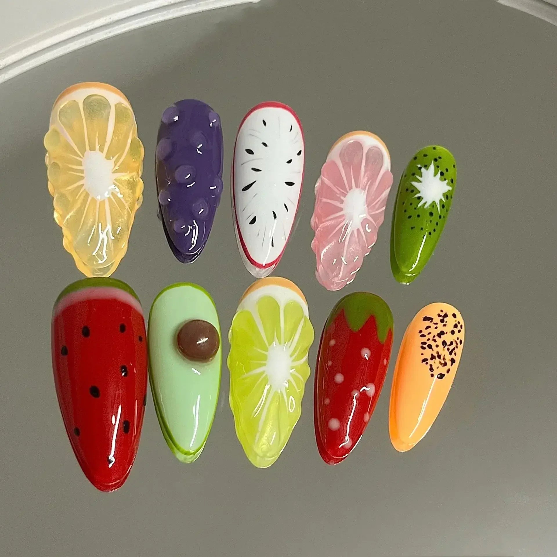 Hnewly 10pcs Aurora Almond Press On Nails Short French Fake Nails Butterfly 3D Design False Nail Full Cover Wearable Manicure Nail Tips